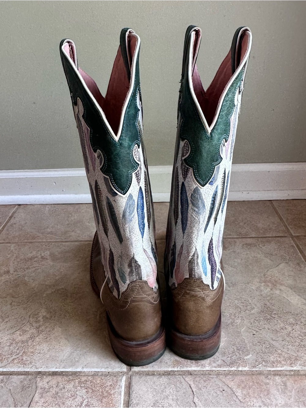 Ariat Fonda Western Boots Feather Print Brown Leather Square Toe - Picture 8 of 10